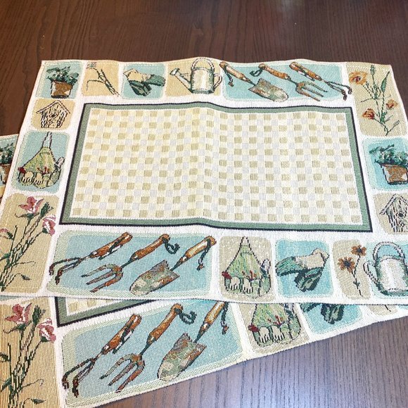 NEW Pair of Placemats Gardening Theme Beige & Green - Picture 1 of 4